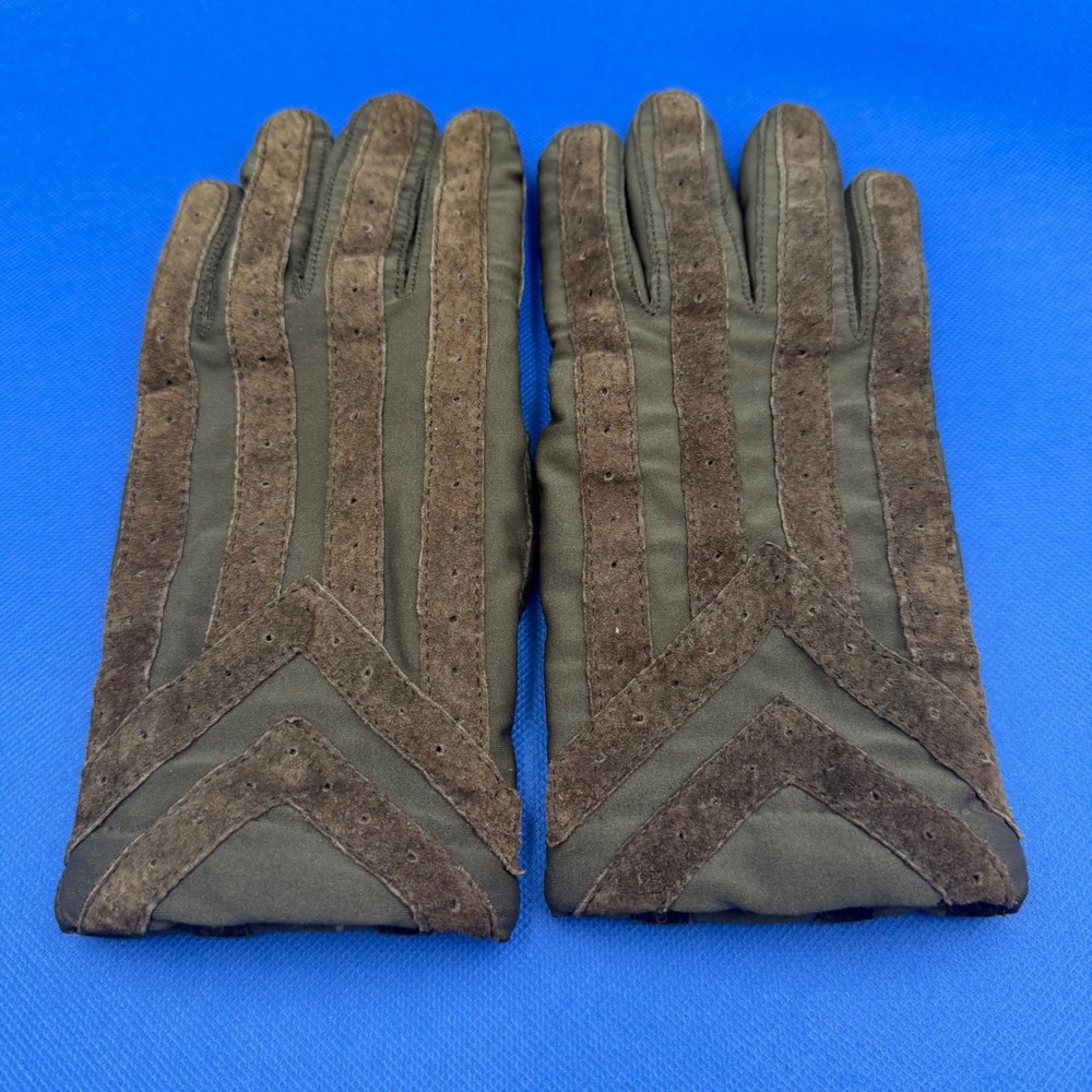 Isotoner Womens Gloves L Brown Chevron Suede Trim Knit Lined Warm